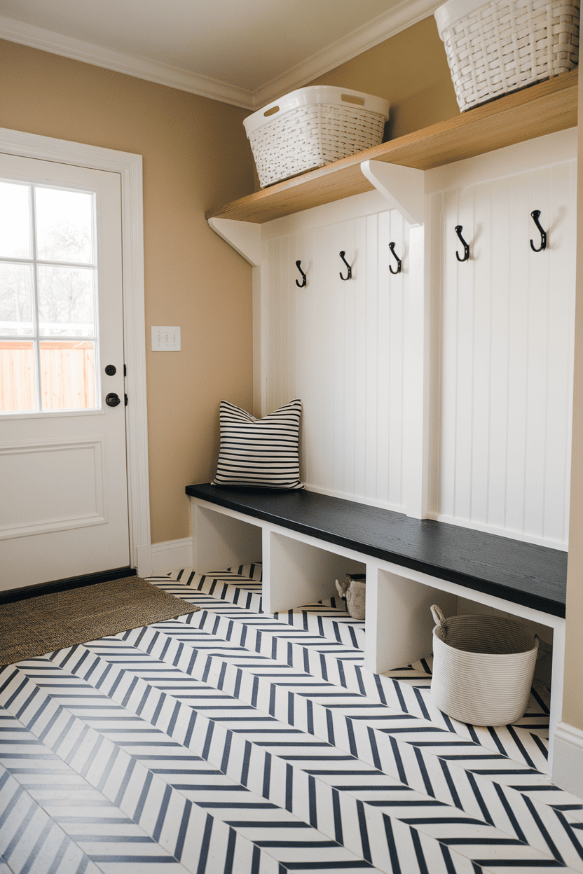 Mudroom with peel-and-stick vinyl flooring in a chevron pattern, featuring a bench and storage baskets.