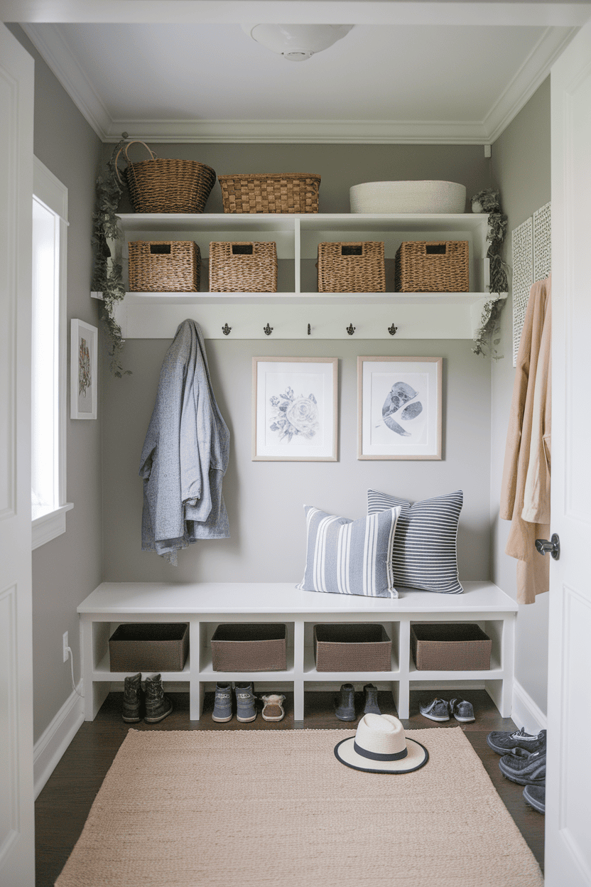 A well-organized mudroom featuring floating shelves, a bench, and decorative items.