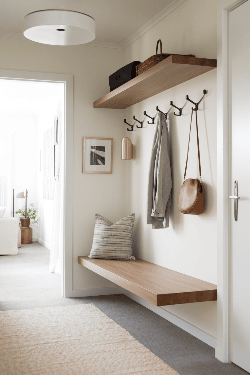 Mudroom hallway featuring a floating bench, hooks for hanging items, and a decorative pillow.