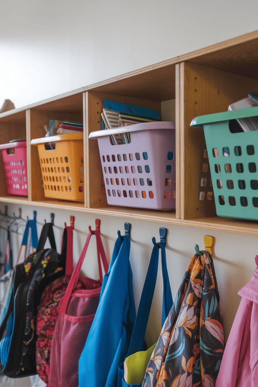 A mudroom with open cubbies filled with colorful baskets and hooks for bags and jackets.