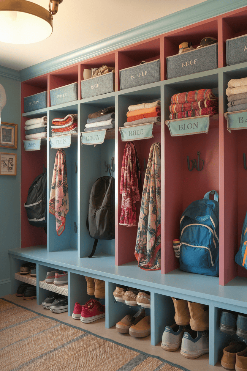 A colorful mudroom with personalized cubbies, labeled baskets, and organized footwear.