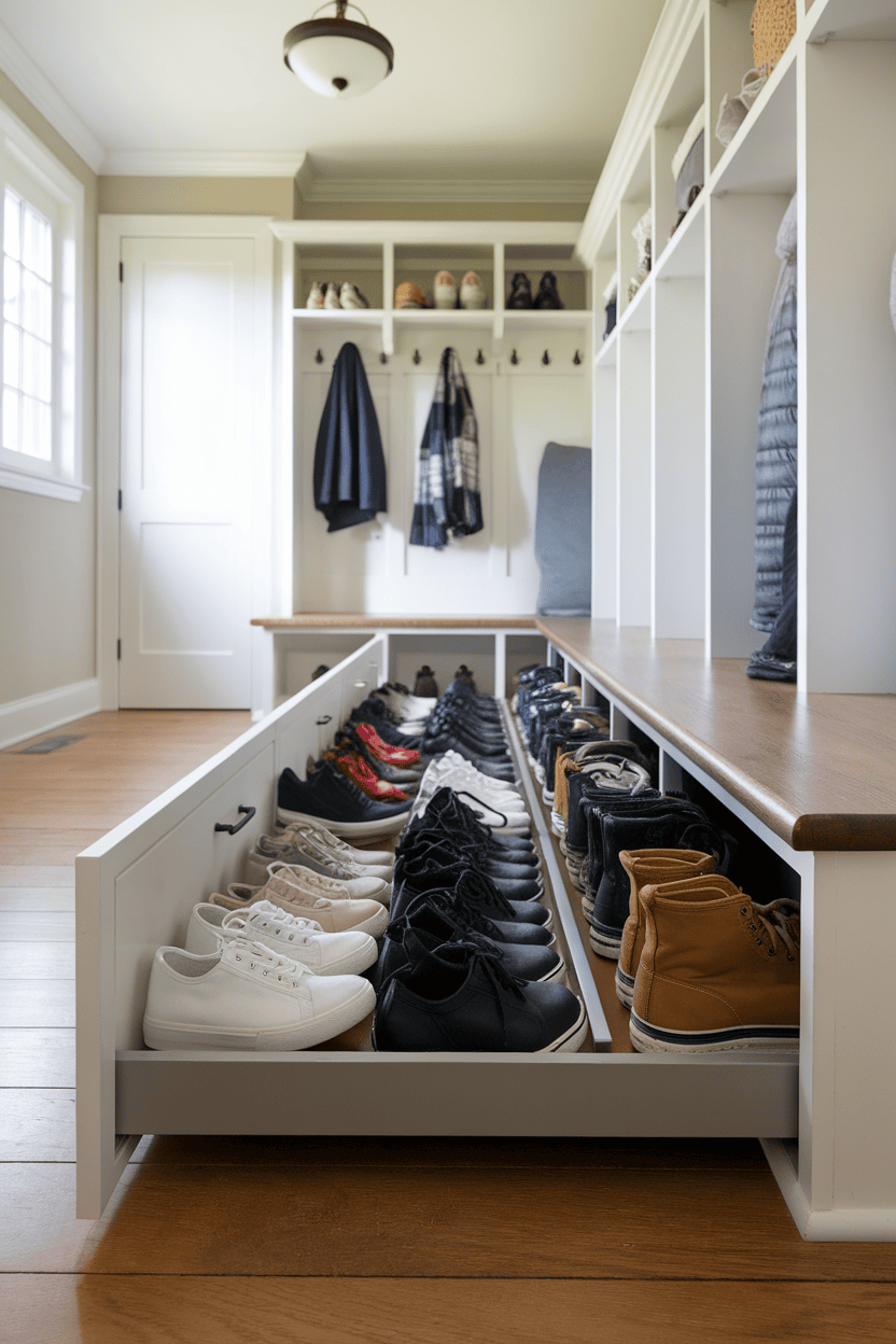 Mudroom with pull-out drawers storing various shoes