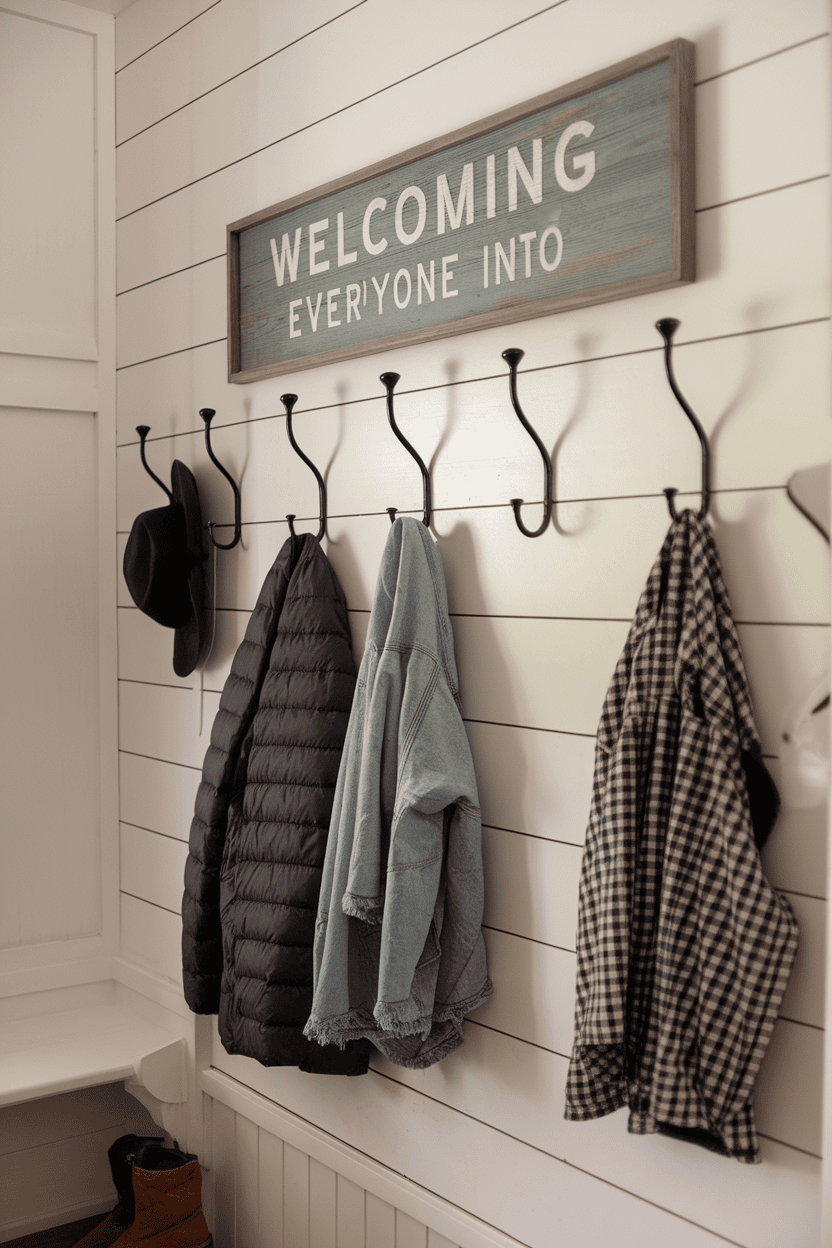 A rustic mudroom featuring shiplap walls, wall hooks with jackets and hats, and a welcoming sign.