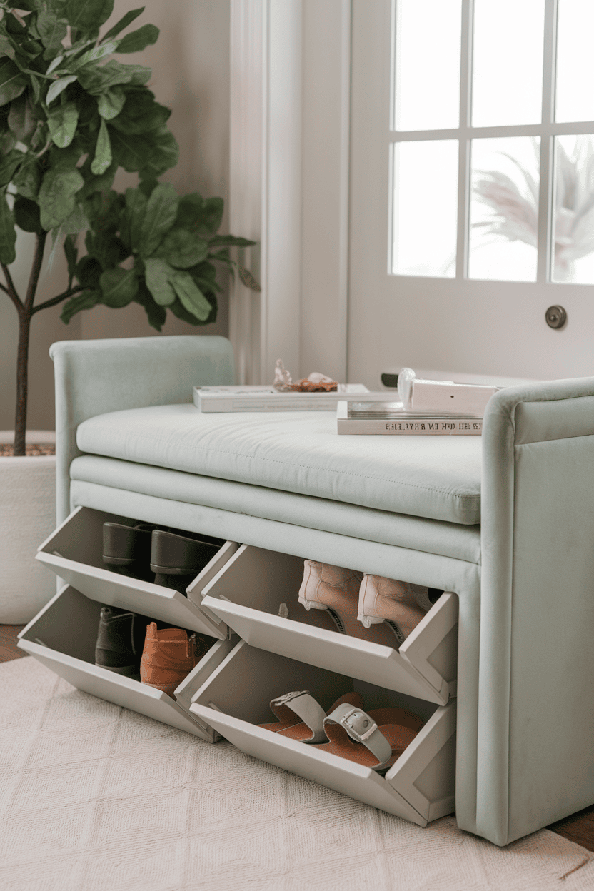 A mint-colored storage bench with hidden compartments for shoes, placed near a door.