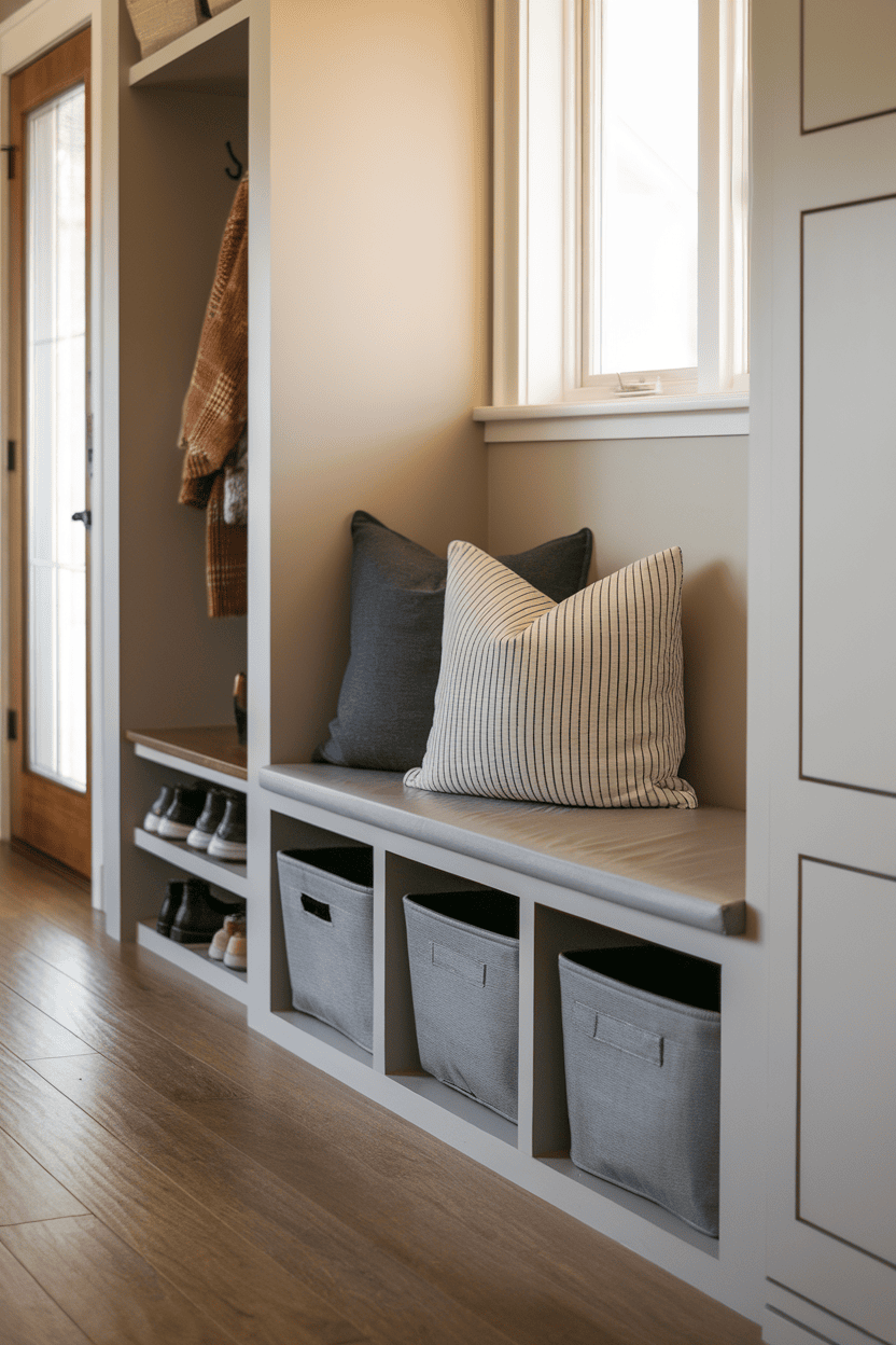 Contemporary mudroom with a built-in bench and storage baskets