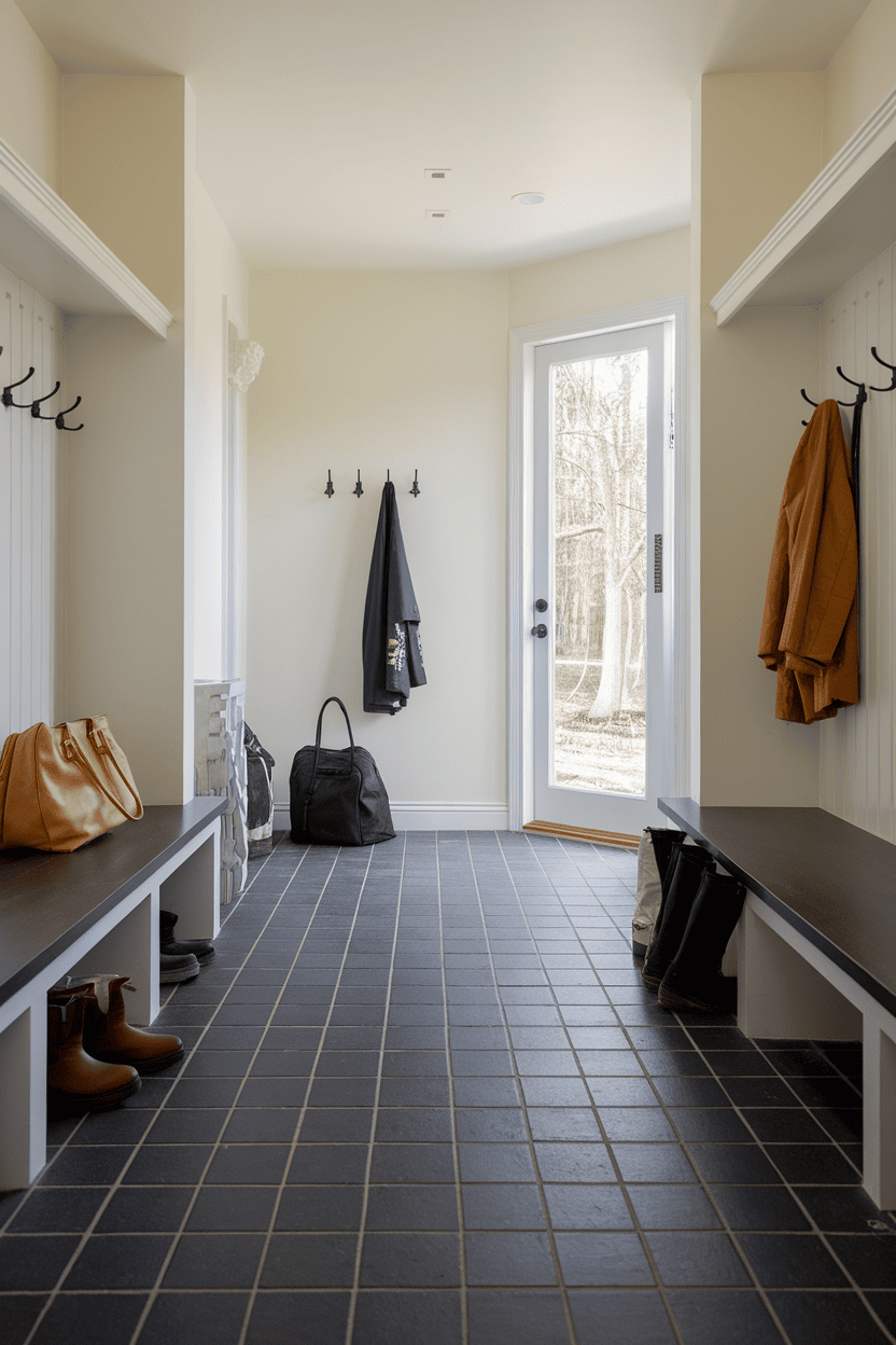 Mudroom with durable porcelain flooring, featuring hooks for jackets and benches for storage.