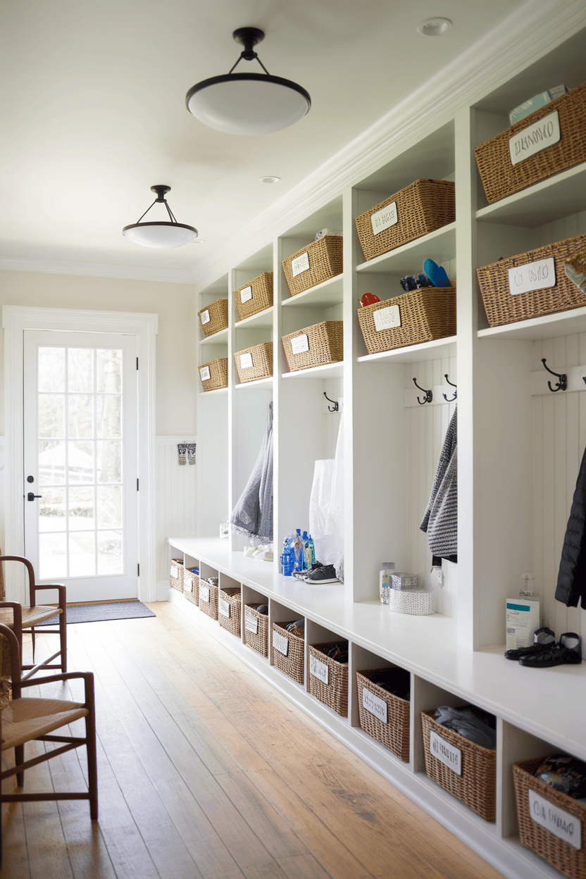 A mud room with overhead storage shelves filled with labeled baskets, hooks for coats, and a tidy layout.