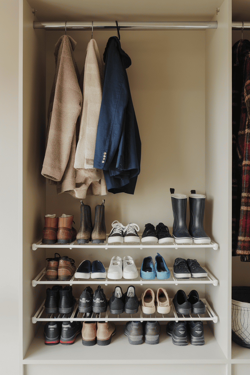 A mudroom closet with jackets hanging on a rod and a variety of shoes neatly organized on shelves.