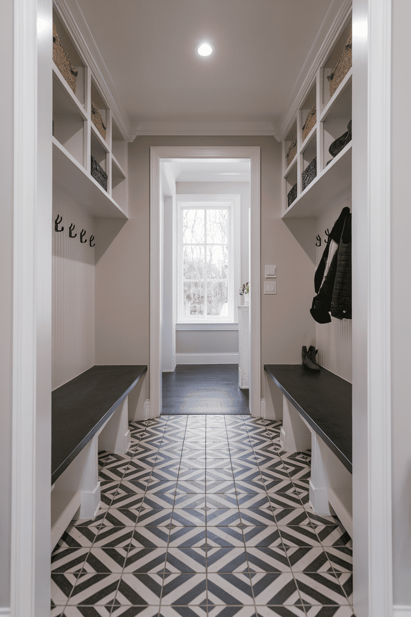 Mudroom hallway with patterned floor tiles, benches, and storage.