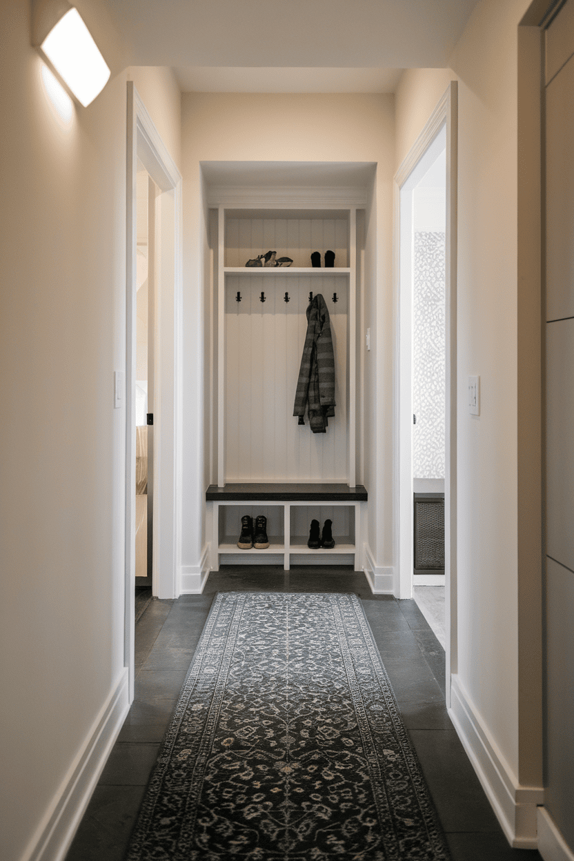 A stylish mudroom entryway featuring a long runner rug, hooks for coats, and a bench with storage.