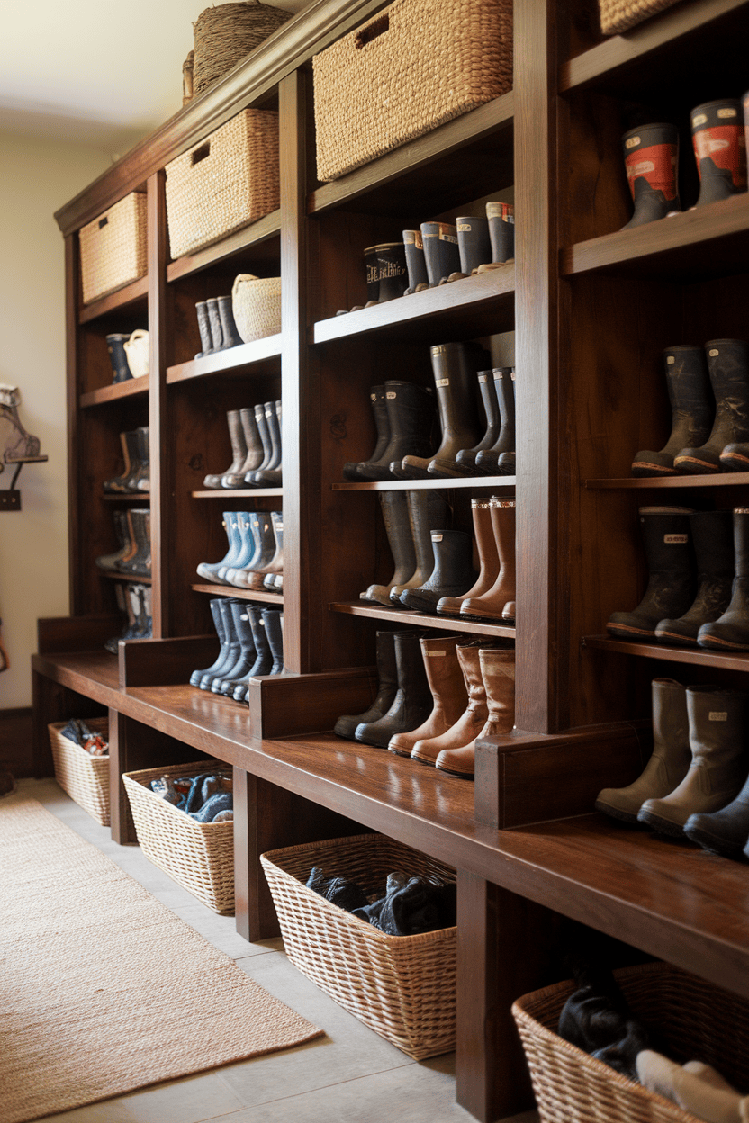 Rustic wooden shelving in a farmhouse mudroom, displaying various pairs of boots and wicker baskets for additional storage.