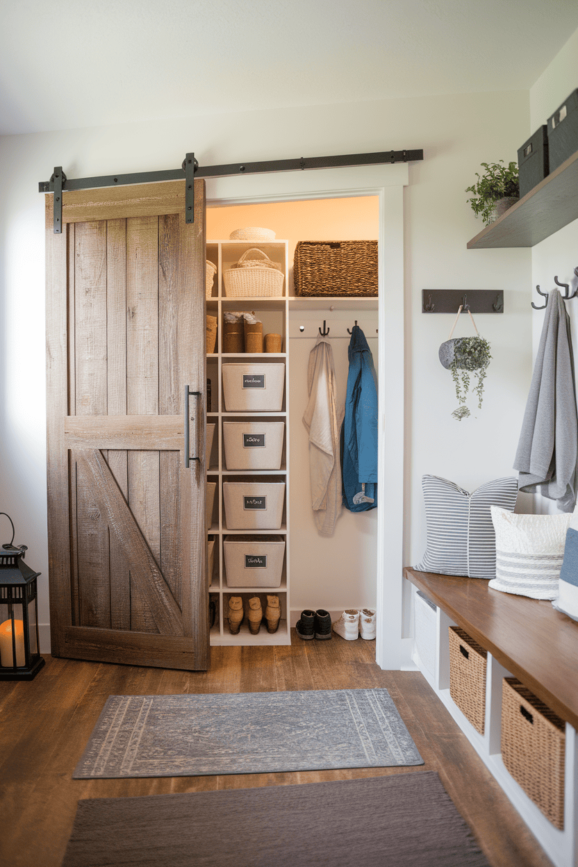 A mudroom with a sliding door closet, featuring organized storage, hooks, and a cozy seating area.