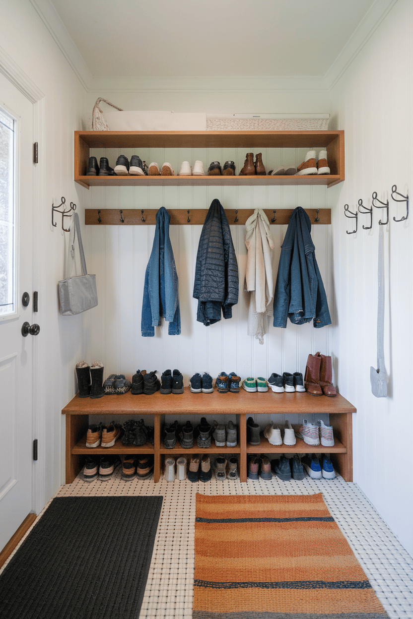 Mudroom with wall hooks for coats and a shoe shelf below