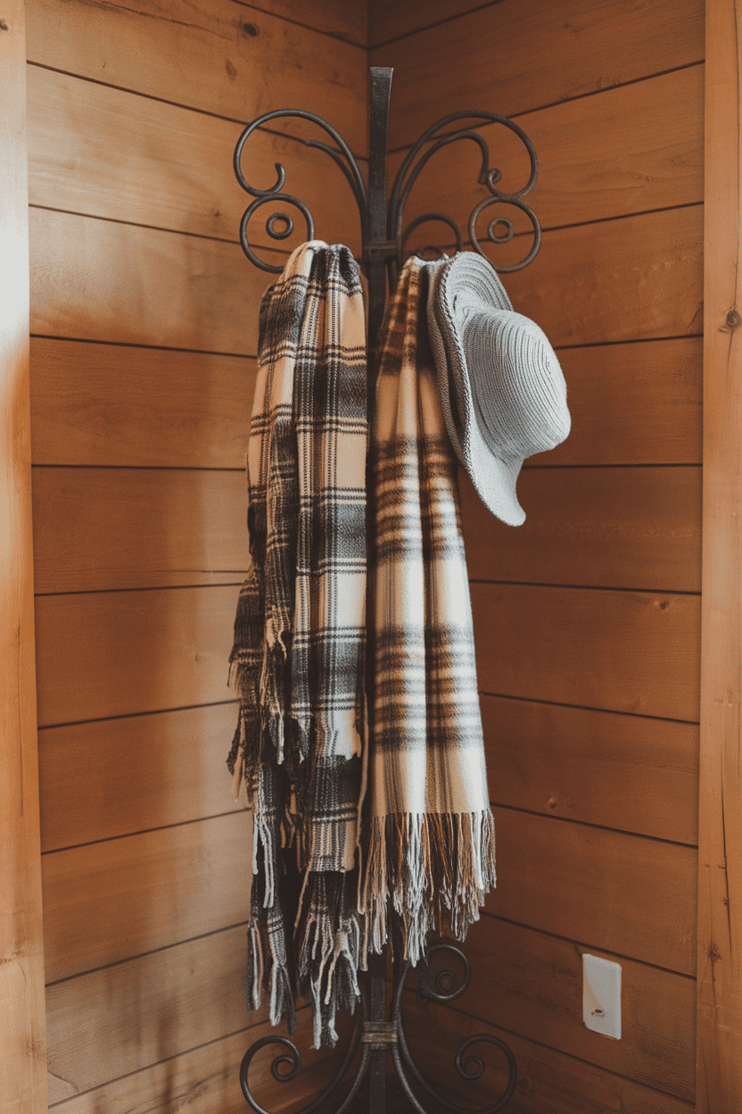 Wrought iron coat rack with plaid scarves and a blue hat against wooden wall.