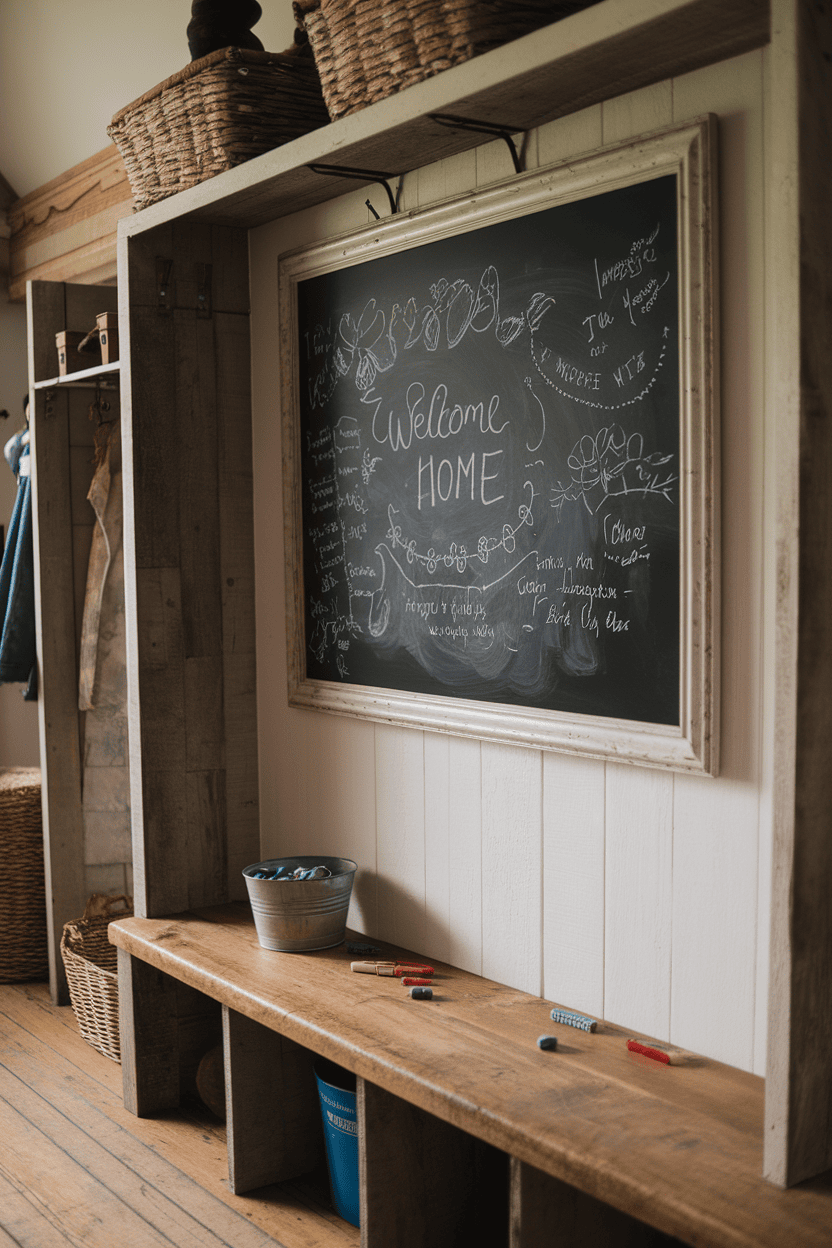 A rustic mudroom with a chalkboard message center, featuring a 'Welcome Home' message and colorful chalks on a wooden bench.