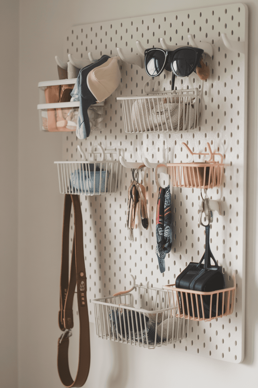 A pegboard command center in a mudroom with baskets and hooks for organization.