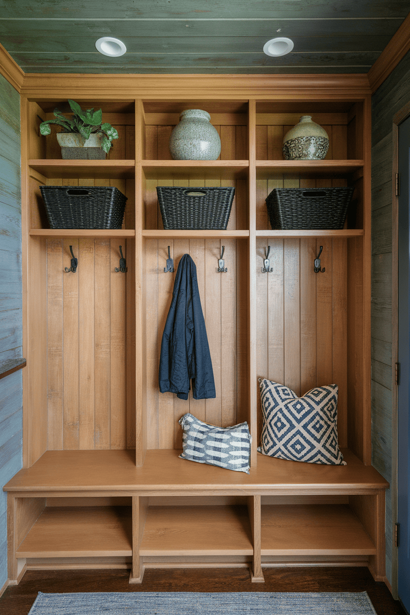 A cozy mudroom entryway with floating shelves, hooks for coats, and a bench for seating.