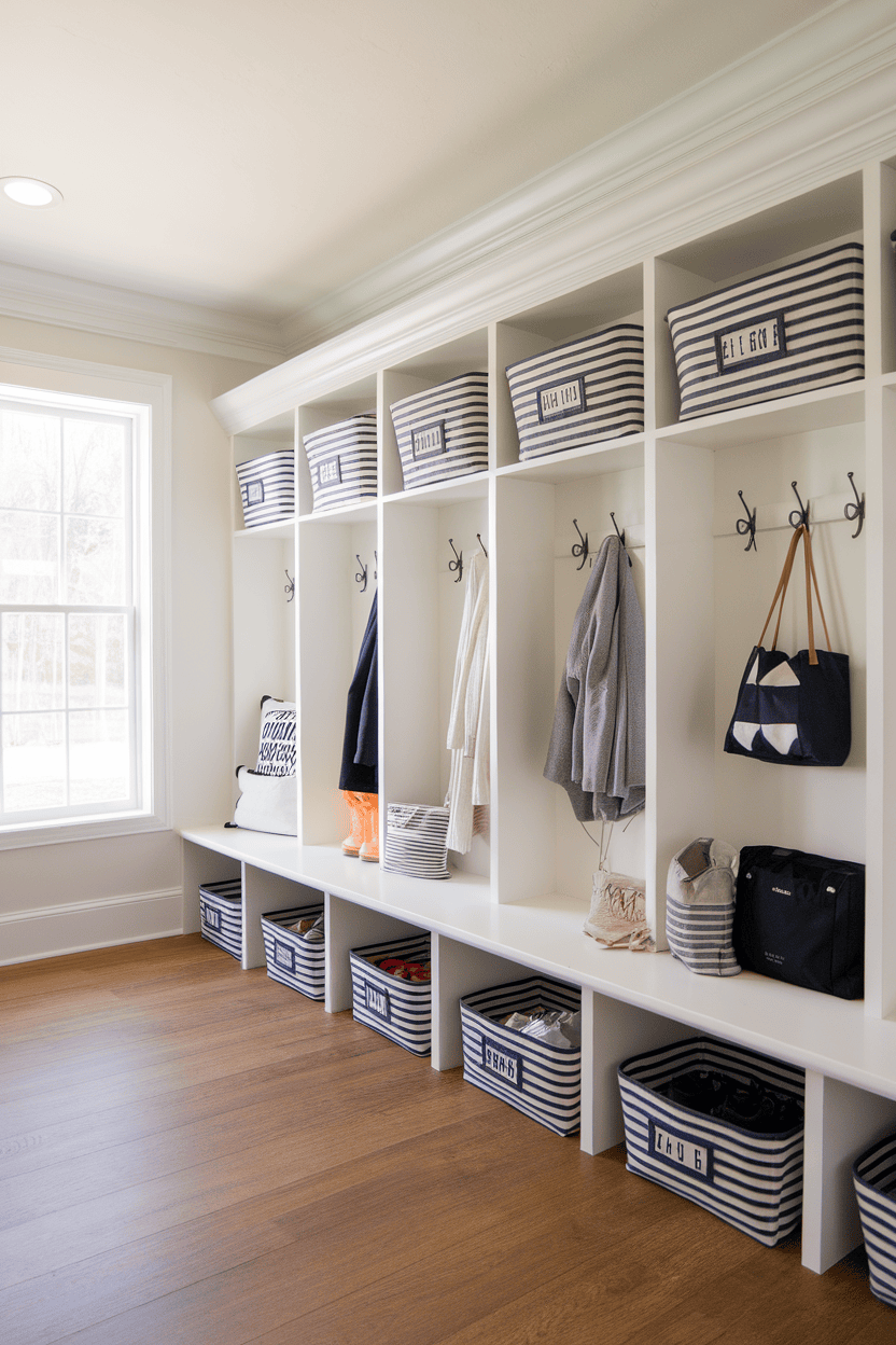 A contemporary mudroom with open cubbies for storage, featuring striped baskets and hooks for hanging coats and bags.