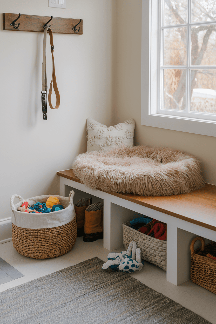 Cozy pet-friendly mudroom with a fluffy pet bed, toy basket, and wall hooks for leashes.