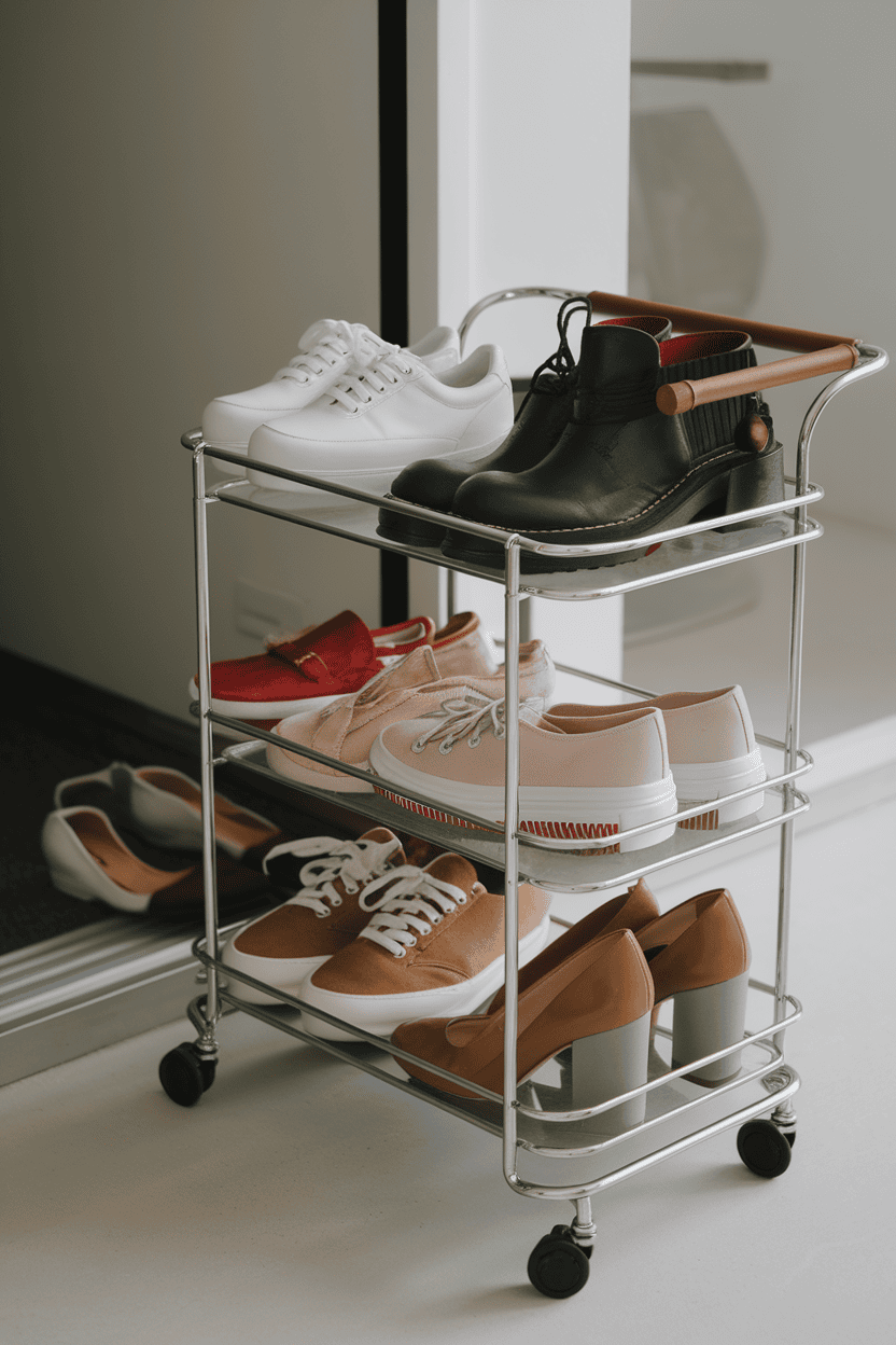 A rolling shoe cart with various shoes, including sneakers and heels, set in a bright entryway.