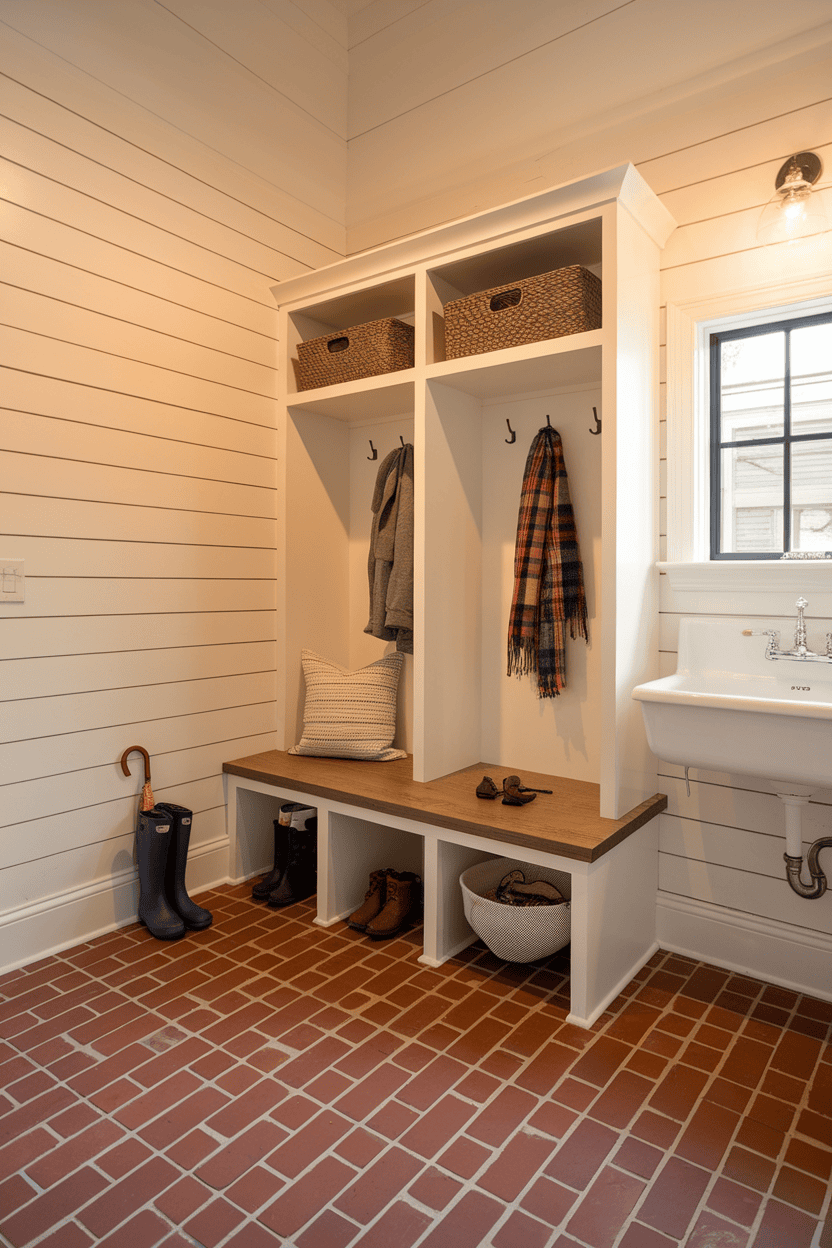 A rustic mudroom featuring brick flooring, a wooden bench, and storage hooks for coats and accessories.