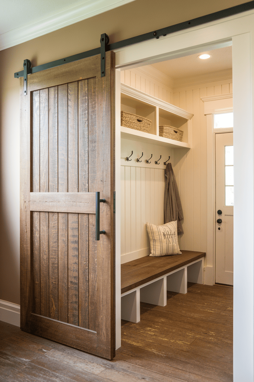 A farmhouse mudroom with a sliding barn door, wooden bench, hooks for coats, and storage baskets.