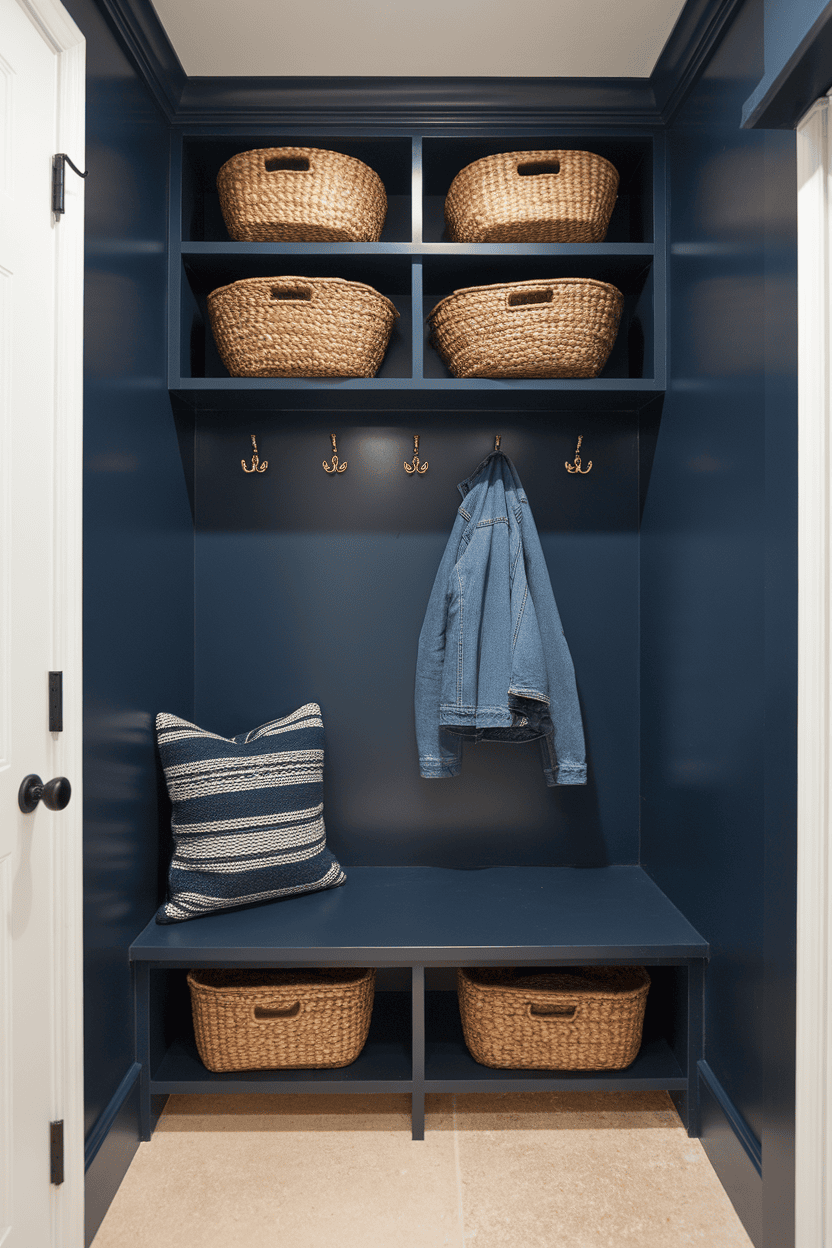 Small space mudroom closet nook with blue walls, woven baskets, hooks, and a bench.