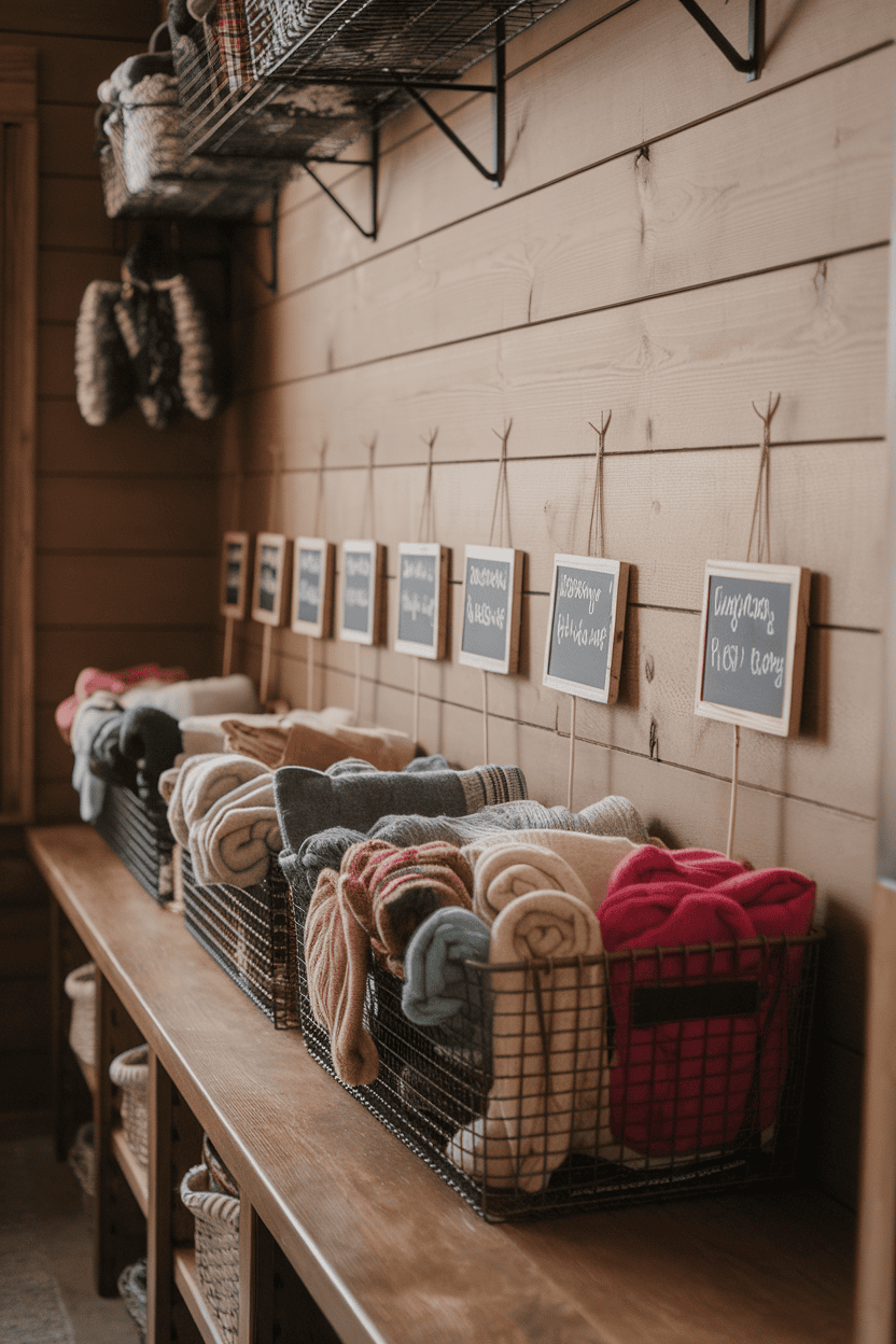 Organized mudroom with basket wall storage and colorful towels.