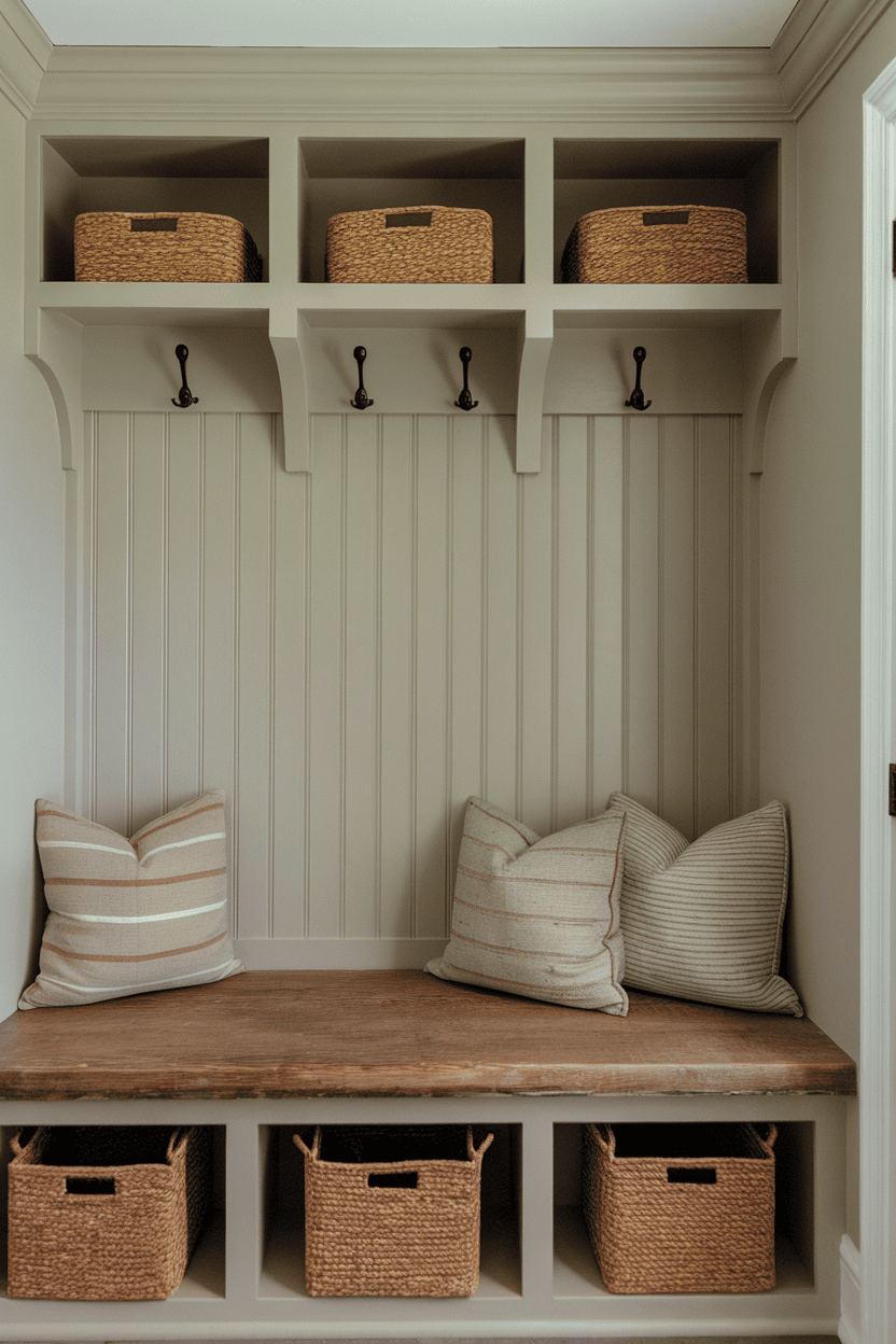 A farmhouse mudroom featuring a bench with hidden storage, woven baskets, and hooks on the wall