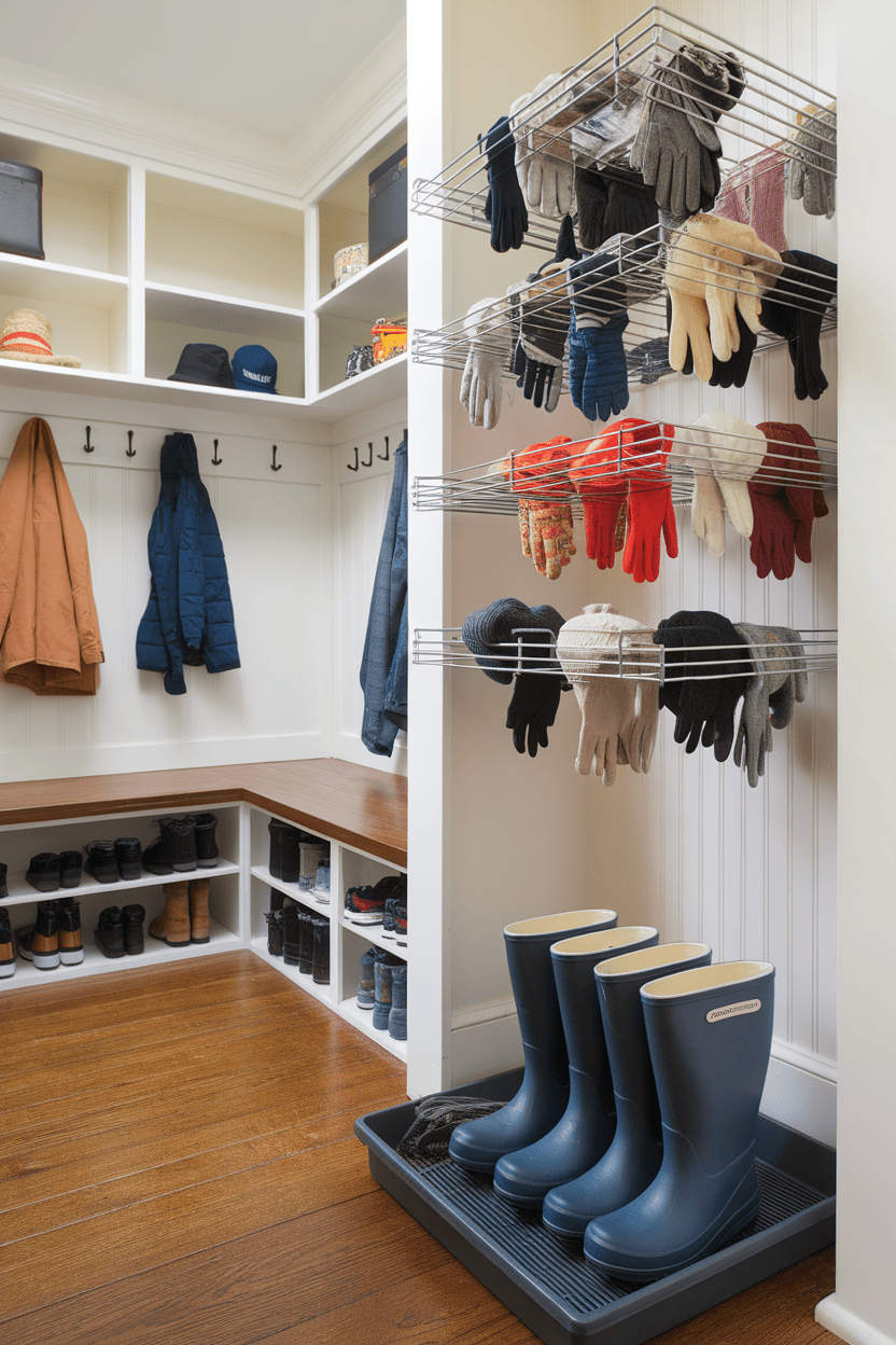 A well-organized mudroom with a foldable drying rack displaying colorful gloves and a shoe tray for boots.