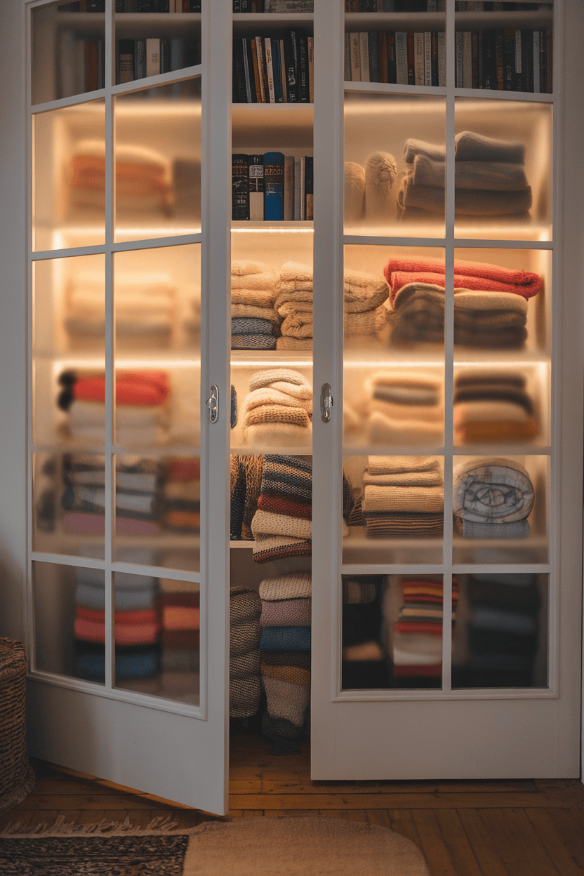 A glass door mudroom closet filled with neatly folded blankets and books