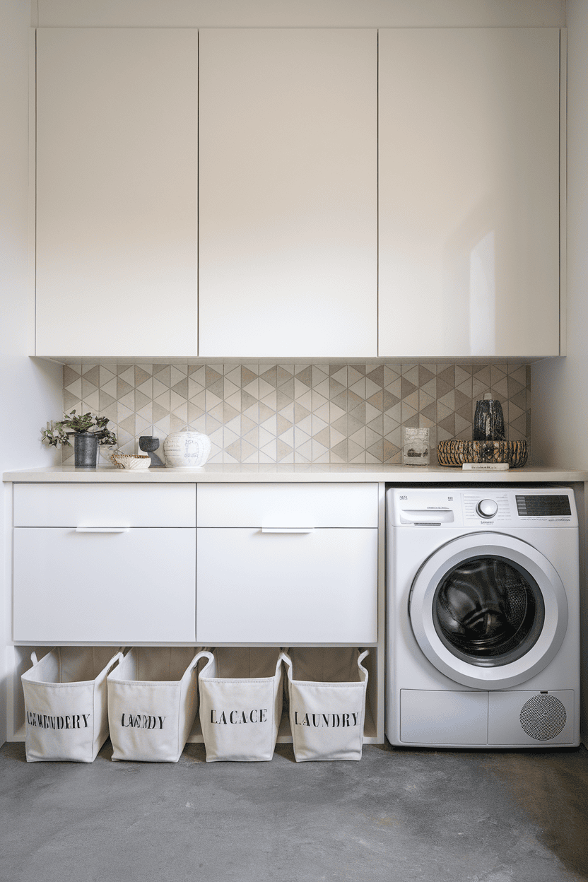 A modern laundry station in a mudroom with white cabinetry, a washing machine, and labeled fabric bins