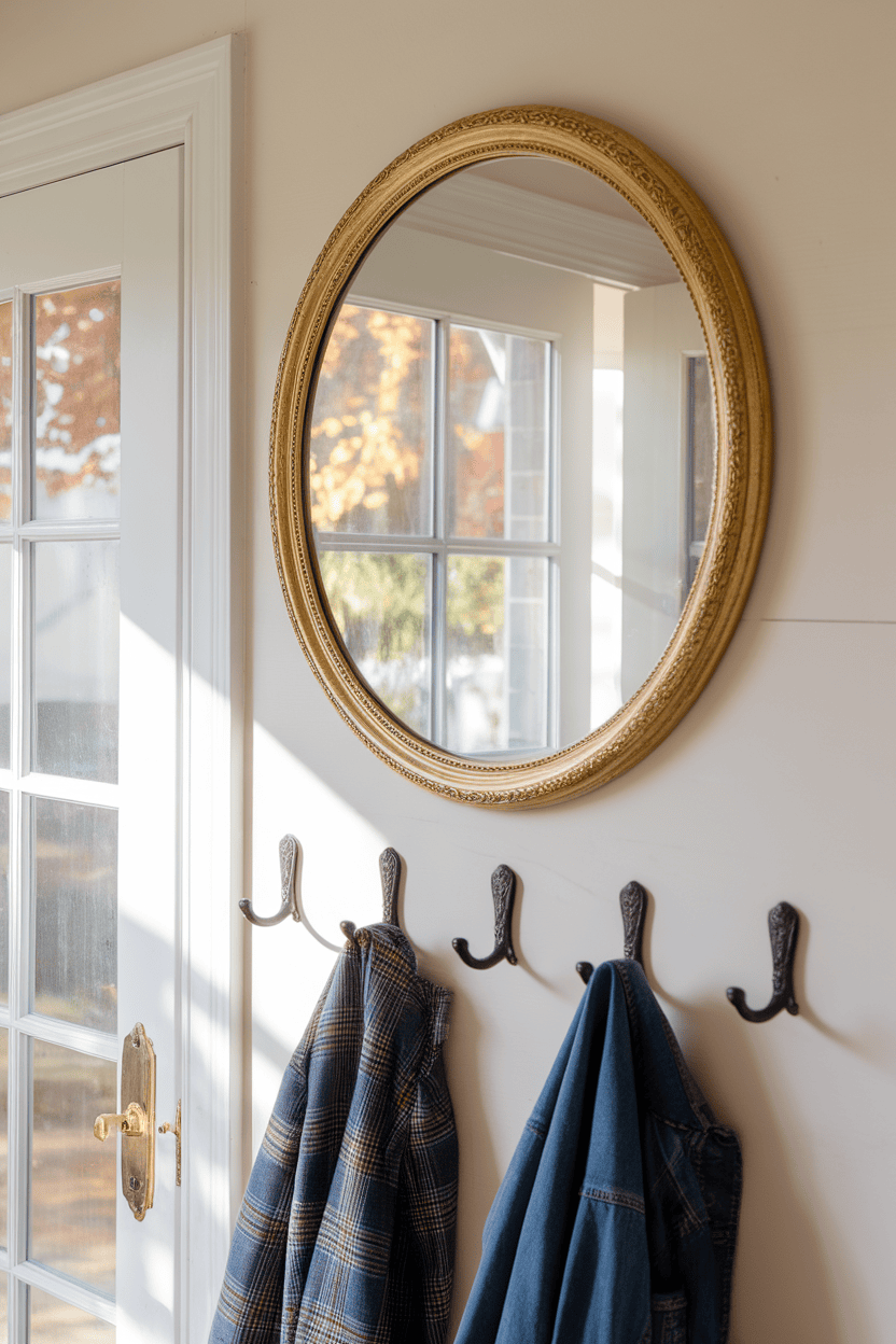 A cozy mudroom featuring a round mirror with a golden frame and coat hooks on the wall, with jackets hanging.