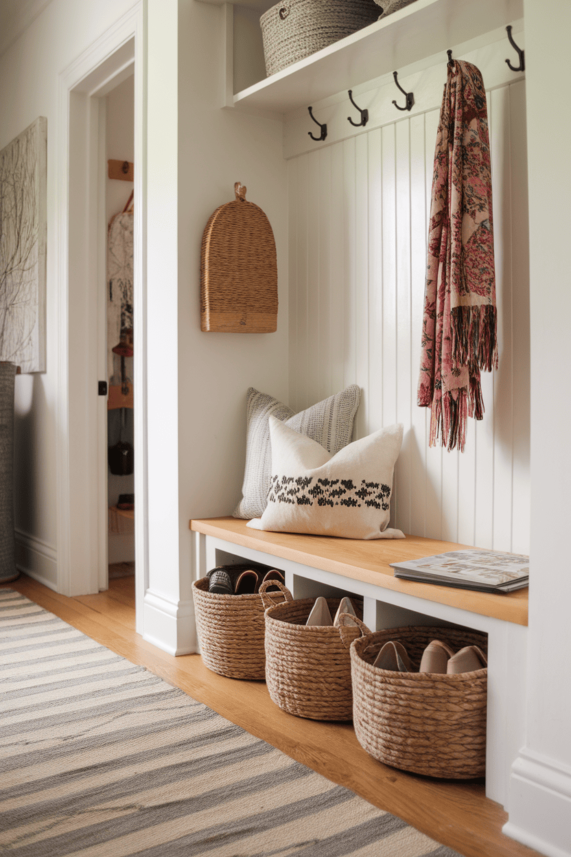 A cozy mudroom hallway featuring woven baskets for storage, a wooden bench, and decorative pillows.