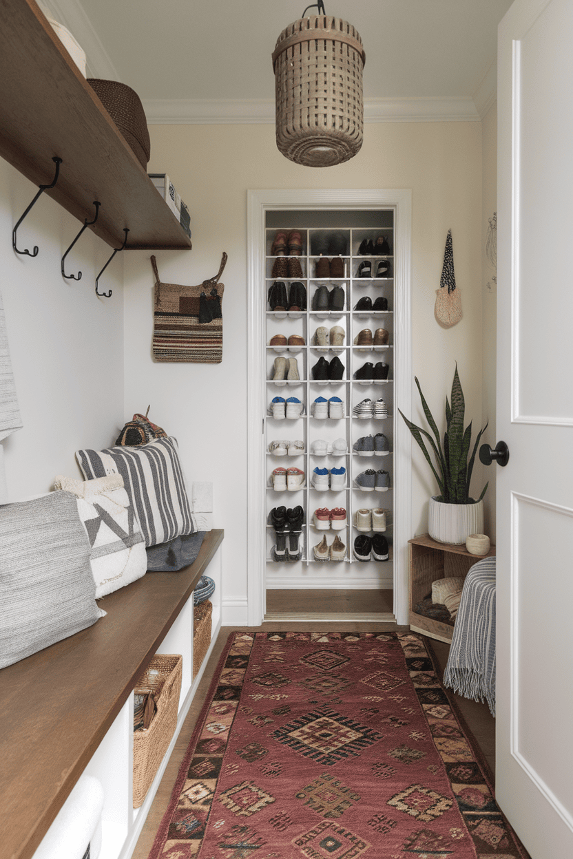 Mudroom featuring an over-the-door shoe organizer, bench seating with pillows, and a decorative rug.