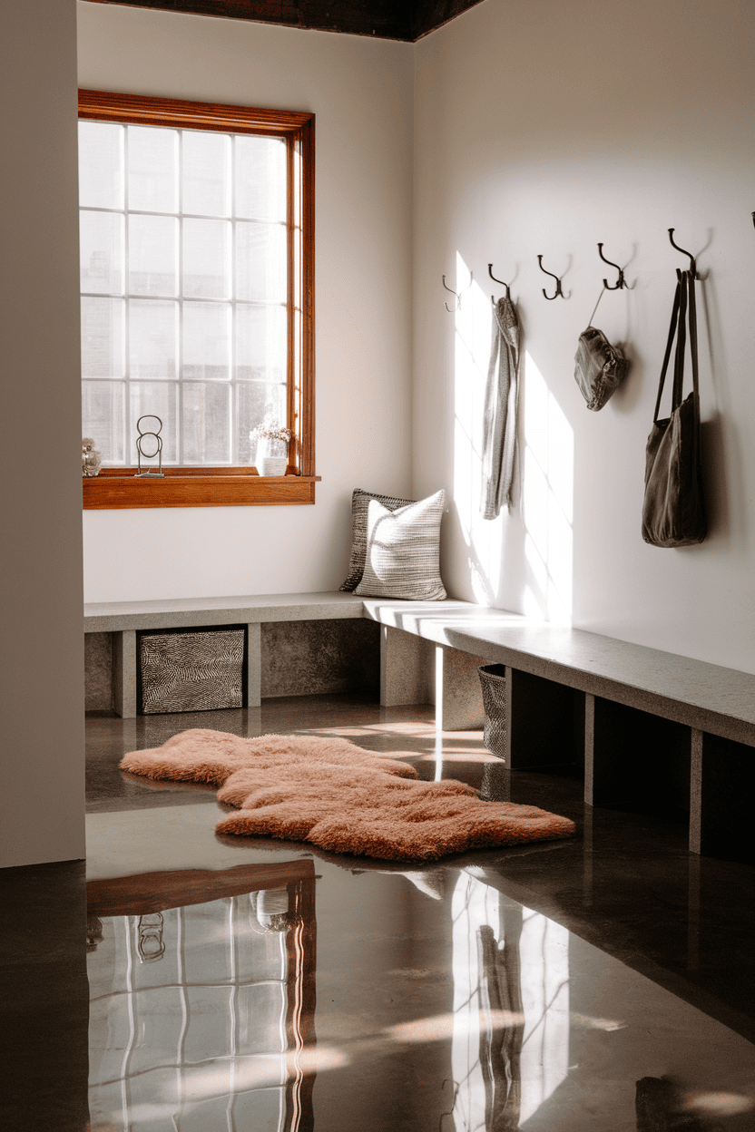 A stylish mudroom with polished concrete flooring and a fluffy rug