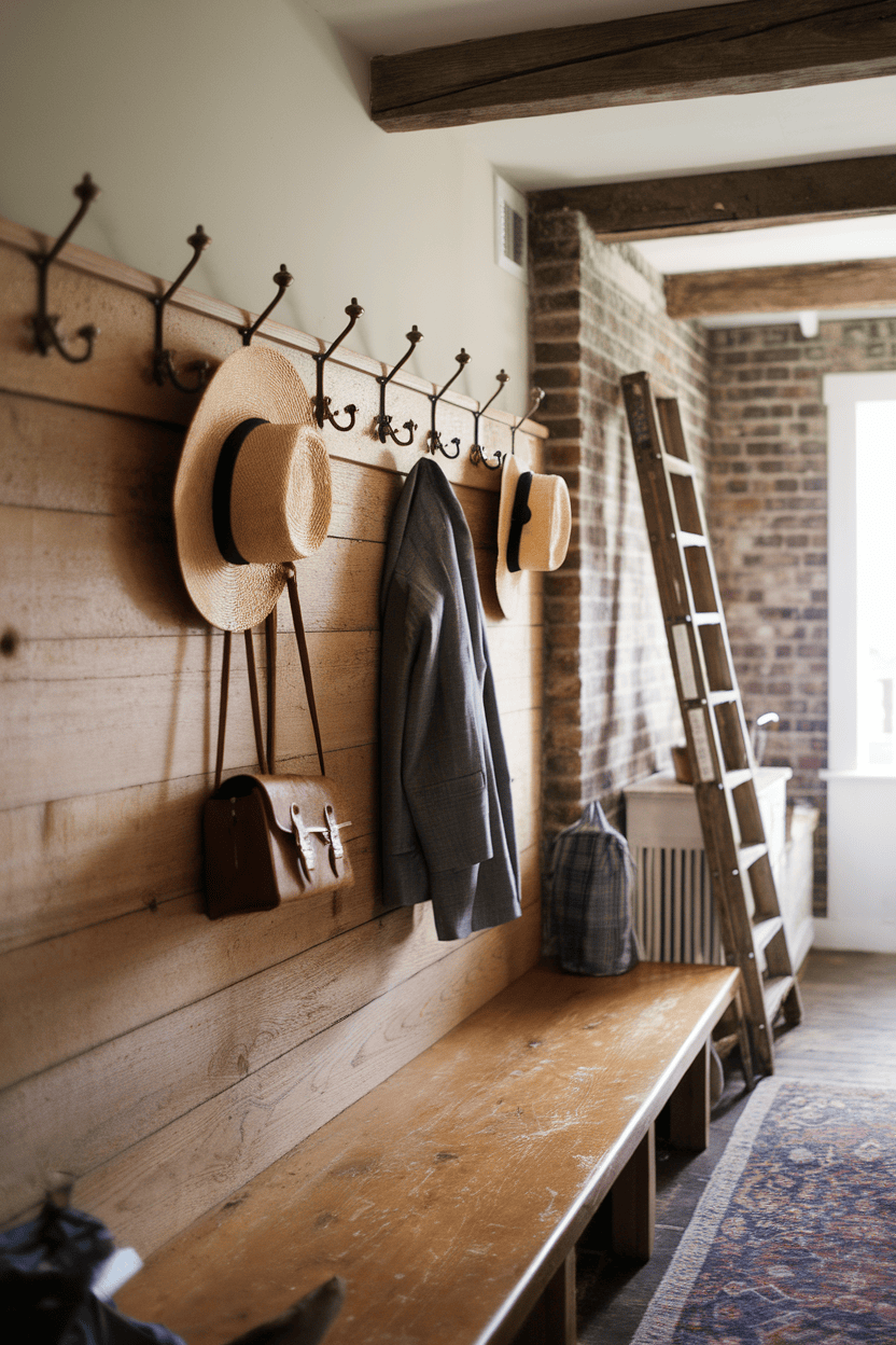 A rustic farmhouse mudroom with decorative hooks holding hats, a coat, and a bag, along with a wooden bench.