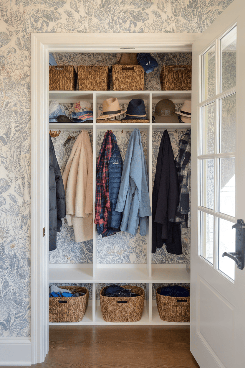 A stylish mudroom closet with wallpaper, featuring coats, hats, and storage baskets.