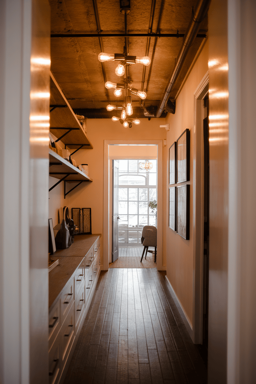 A stylish mudroom hallway featuring industrial lighting and practical storage solutions.