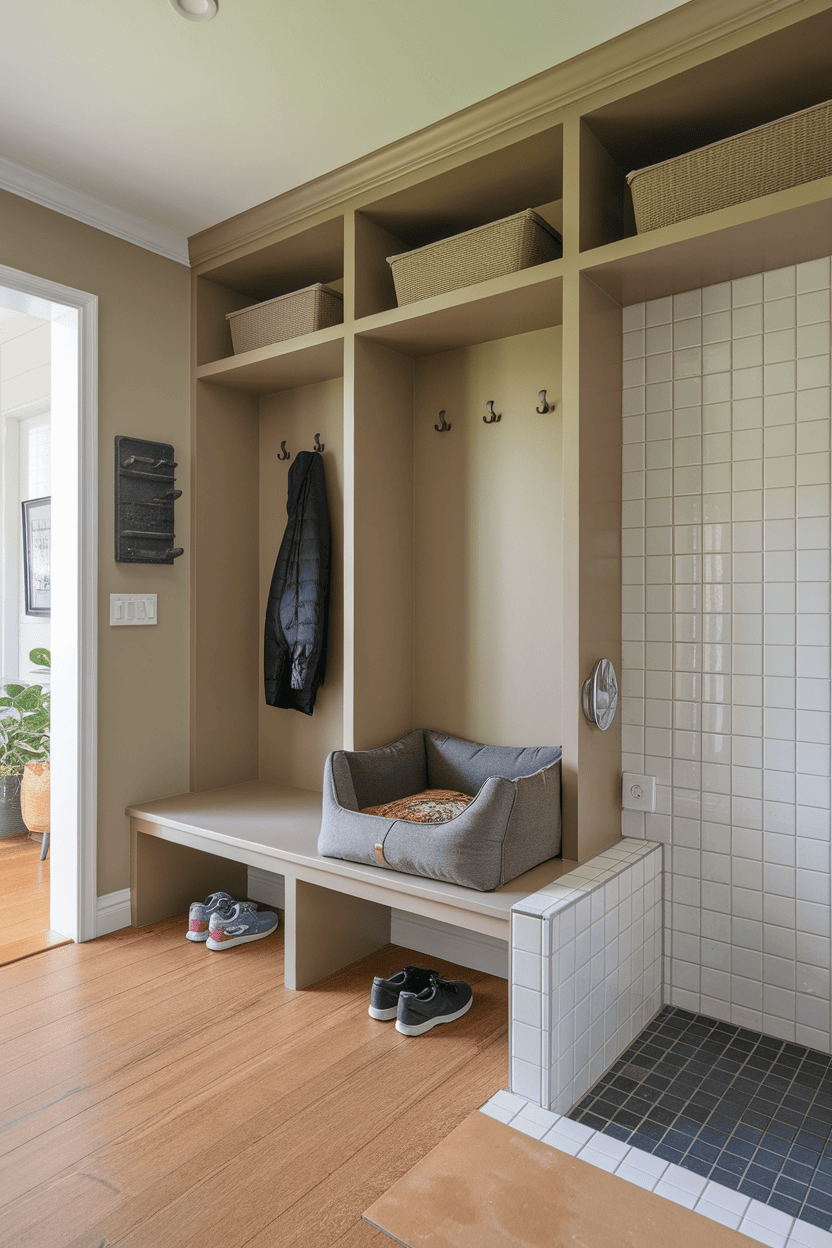 Contemporary mudroom with a pet corner featuring a bench, hooks for coats, pet bed, and a clean, organized design.