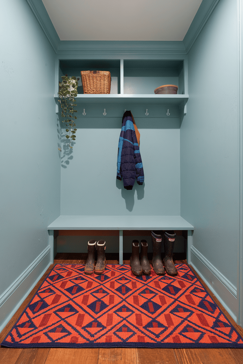 A mudroom featuring a colorful geometric rug, blue walls, and a bench with hooks for coats.