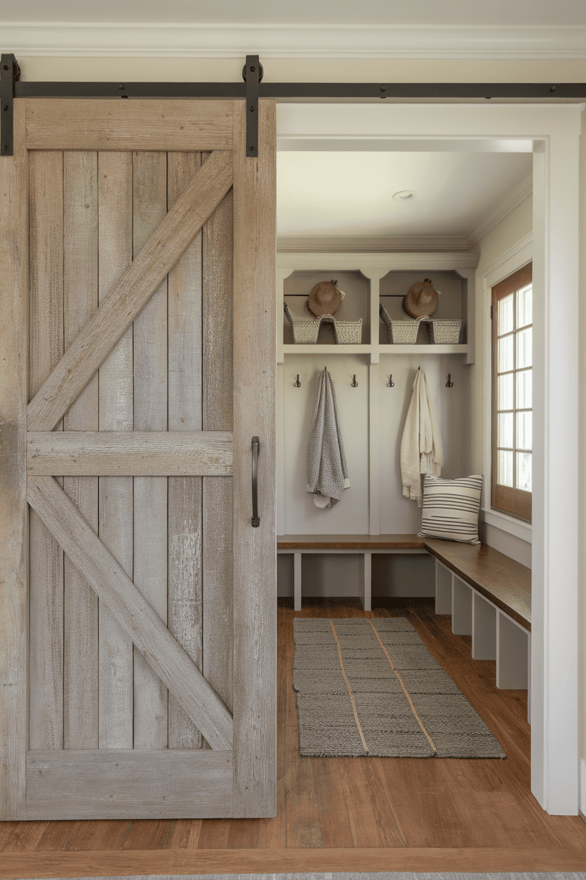 Rustic mudroom with a sliding barn door, showcasing storage and seating.