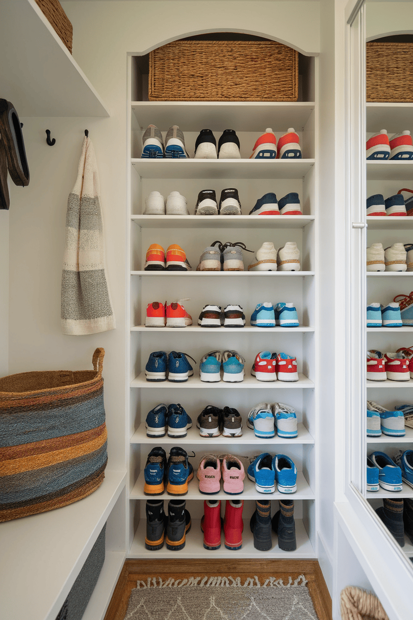 Image of a neat shoe storage solution in a small mudroom, featuring multiple shelves with various types of shoes arranged neatly.