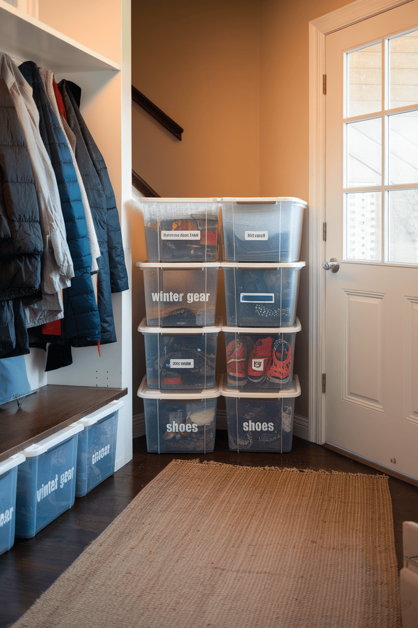 Image showing a mudroom with stackable bins organized for storage.