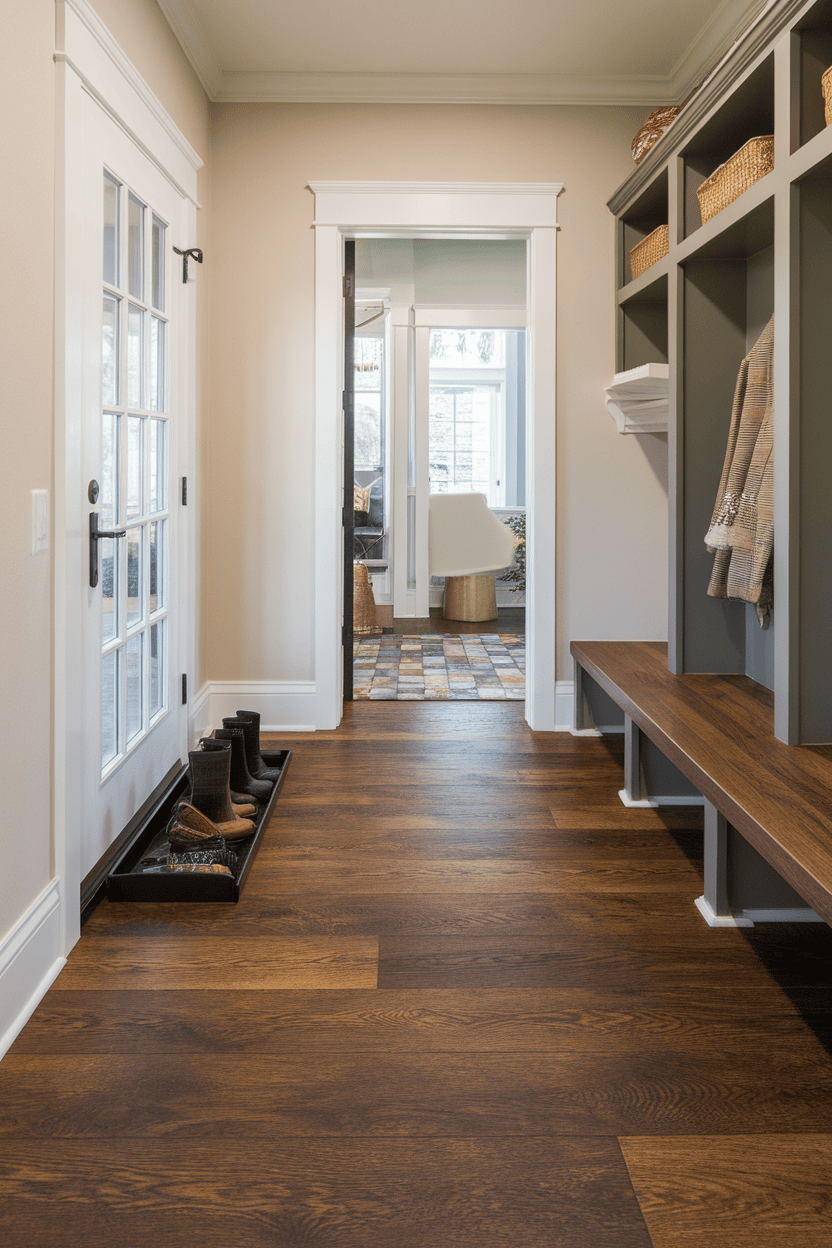 Close-up of waterproof luxury vinyl plank flooring in a cozy interior setting with a patterned rug.