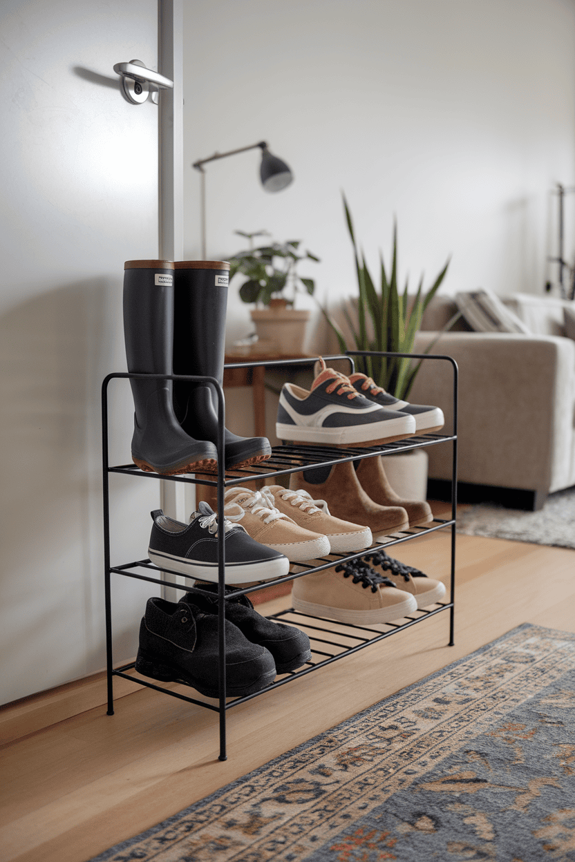 A modern shoe rack with various shoes and boots organized by the door.