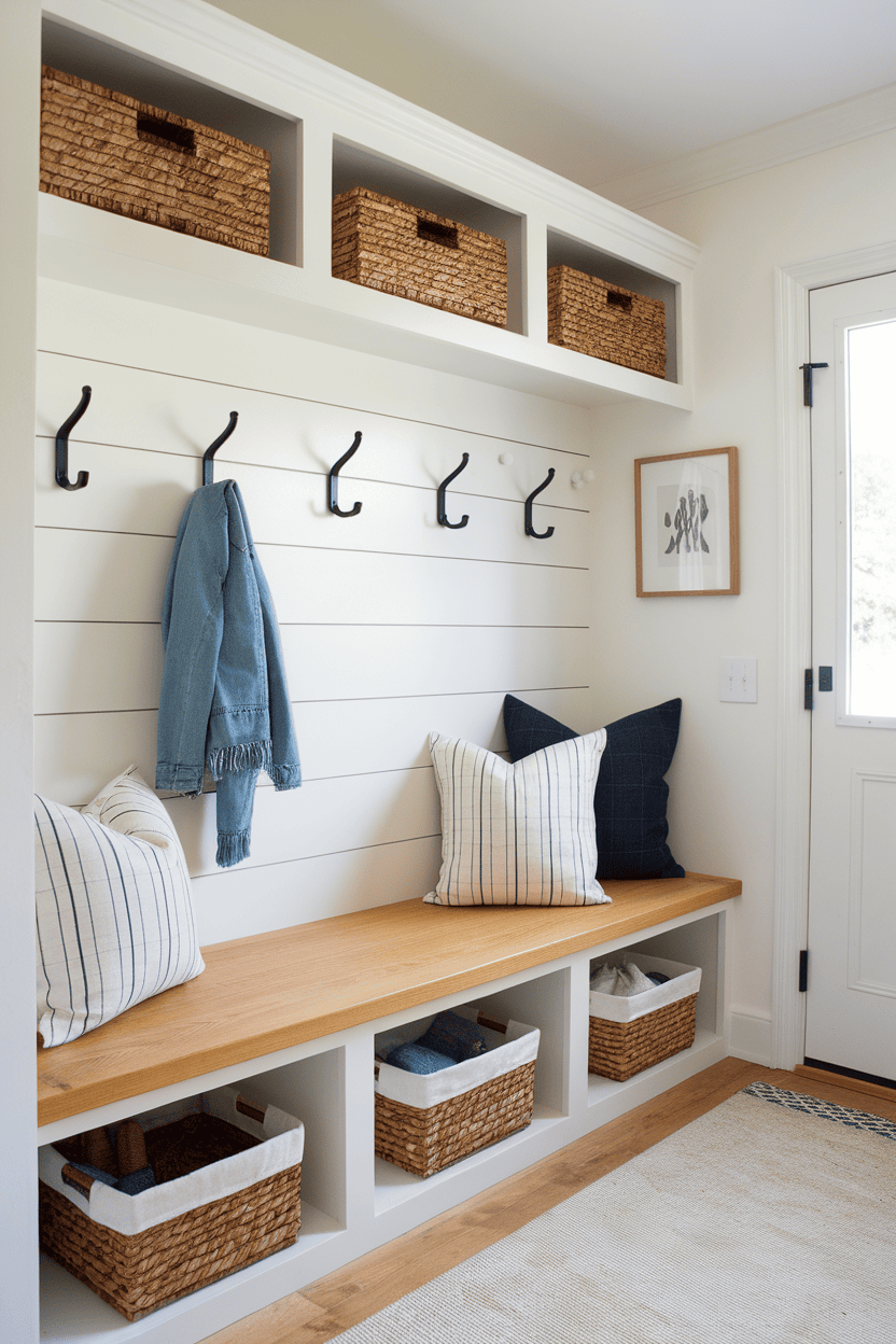 A contemporary farmhouse mudroom featuring shiplap walls, black hooks, a wooden bench, and woven baskets for storage.