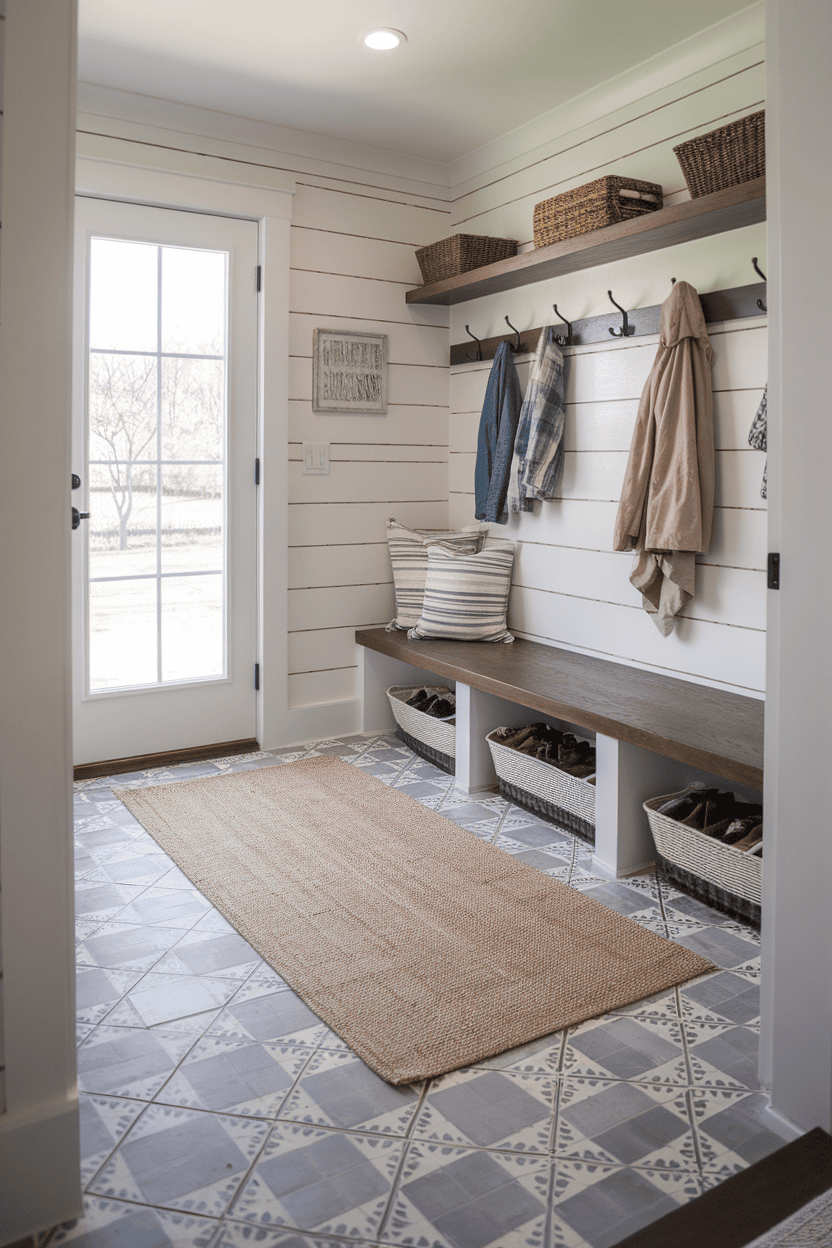 A bright farmhouse mudroom featuring patterned tile flooring, a wooden bench, and hooks for coats.