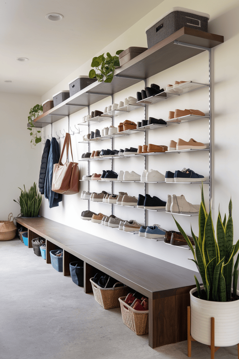 Modern mudroom with floating shelves displaying shoes and a bench with storage baskets.