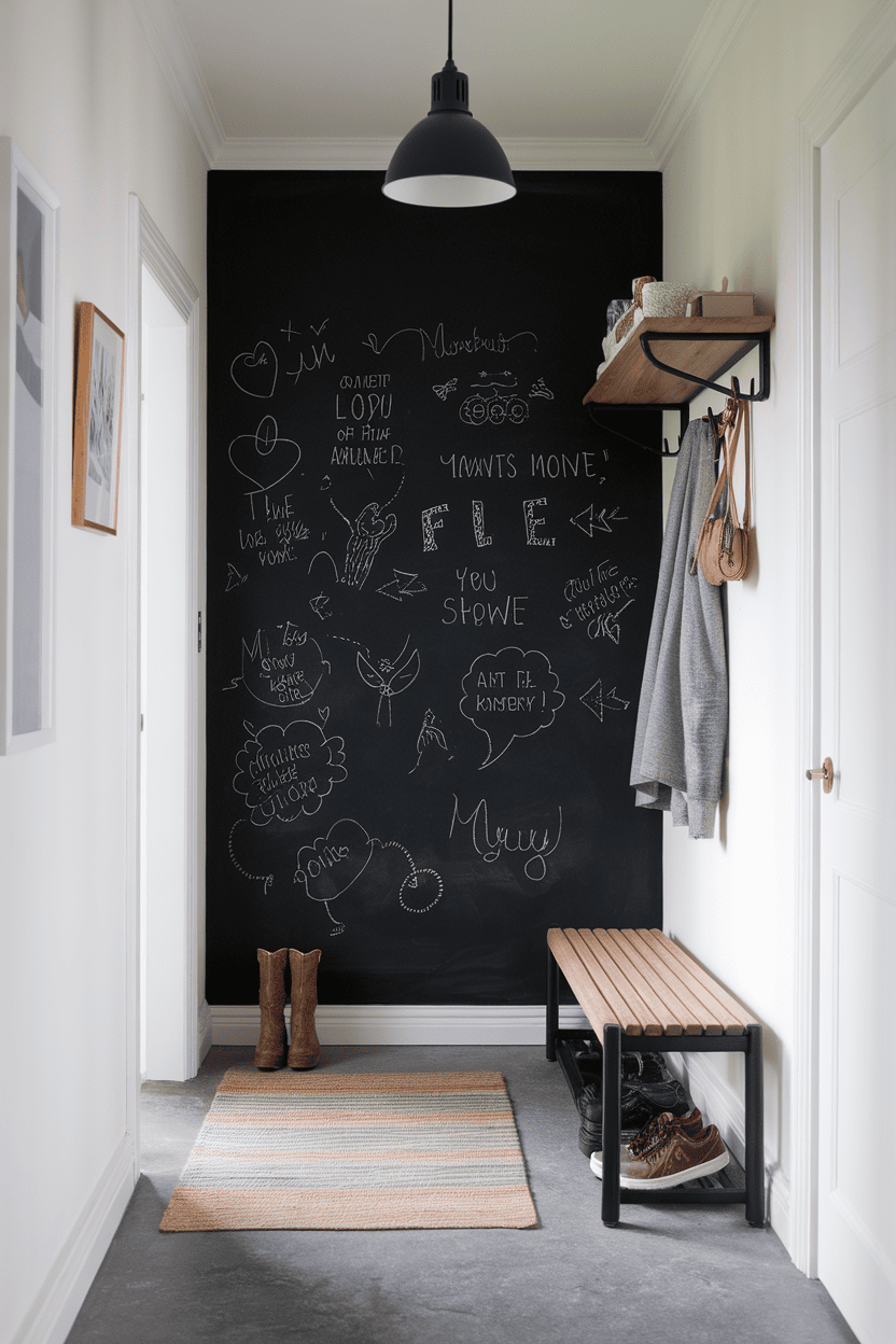 Mudroom hallway featuring a chalkboard wall with drawings and notes, a wooden bench, and a soft rug.